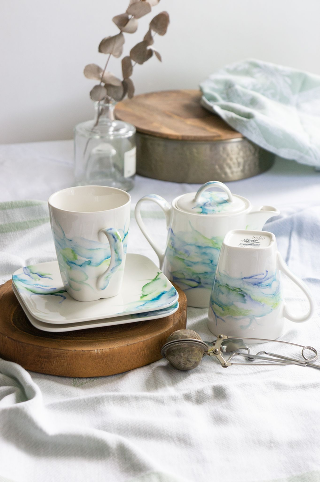 Service à Thé en porcelaine effet marbré en bleu et vert turquoise, idée cadeau de mariage et amateurs de thé
