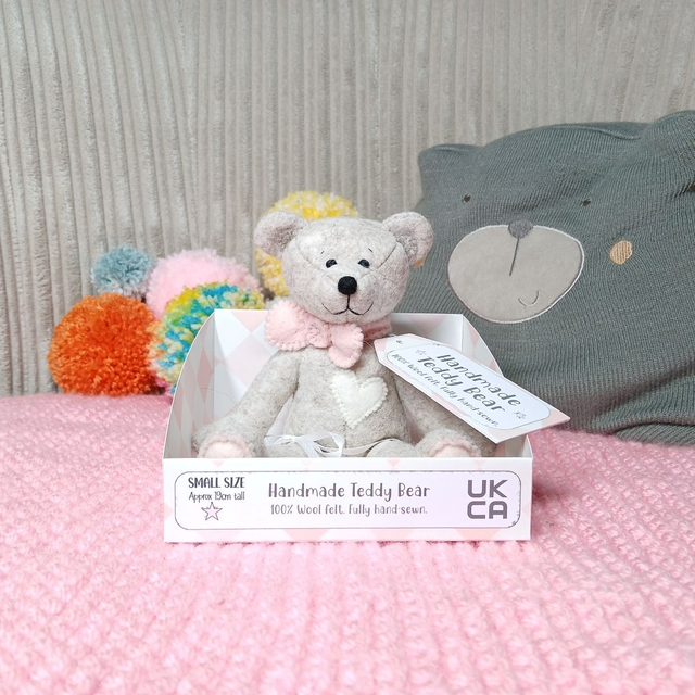 No name* traditional beige bear. Soft pink bow tie. Small size, handmade teddy bear. UKCA. Tray base. Standard Wool Felt. Beige. Cream. Blush. Pastel.