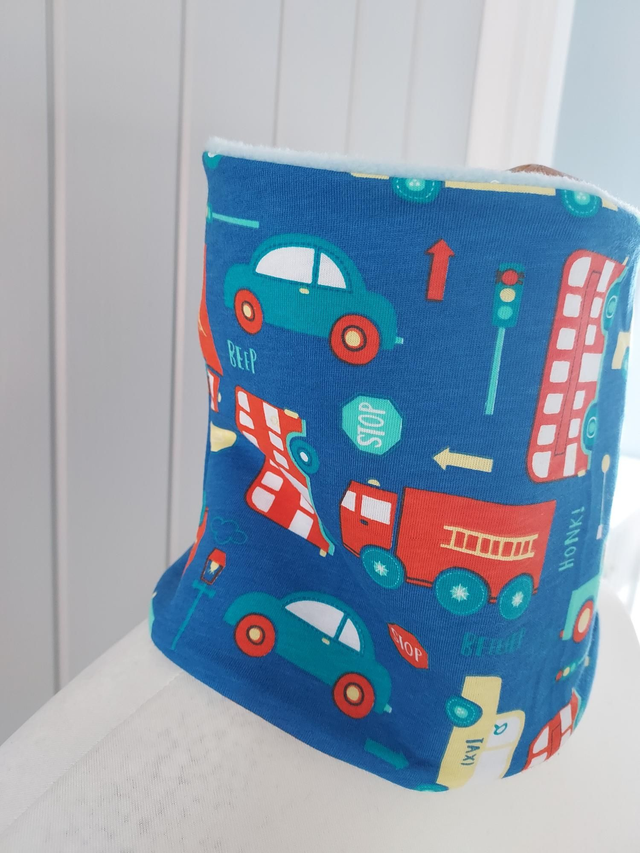 Vehicles Neck Warmer, Snood with Baby Blue Fleece,