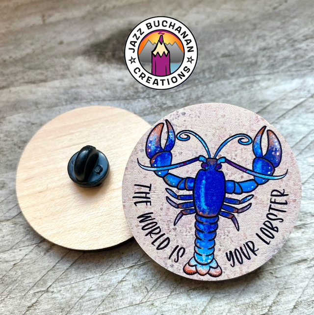 Blue lobster wooden pin badge