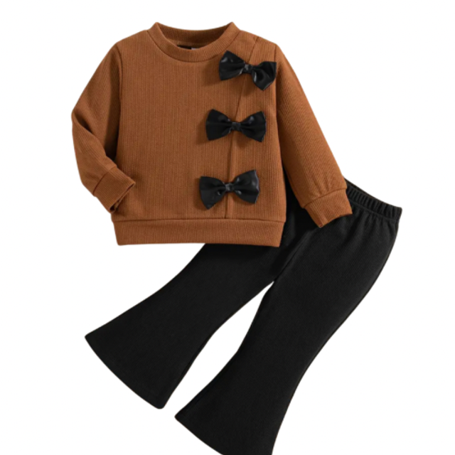 2-delige set broek met trui bruin met strikken 