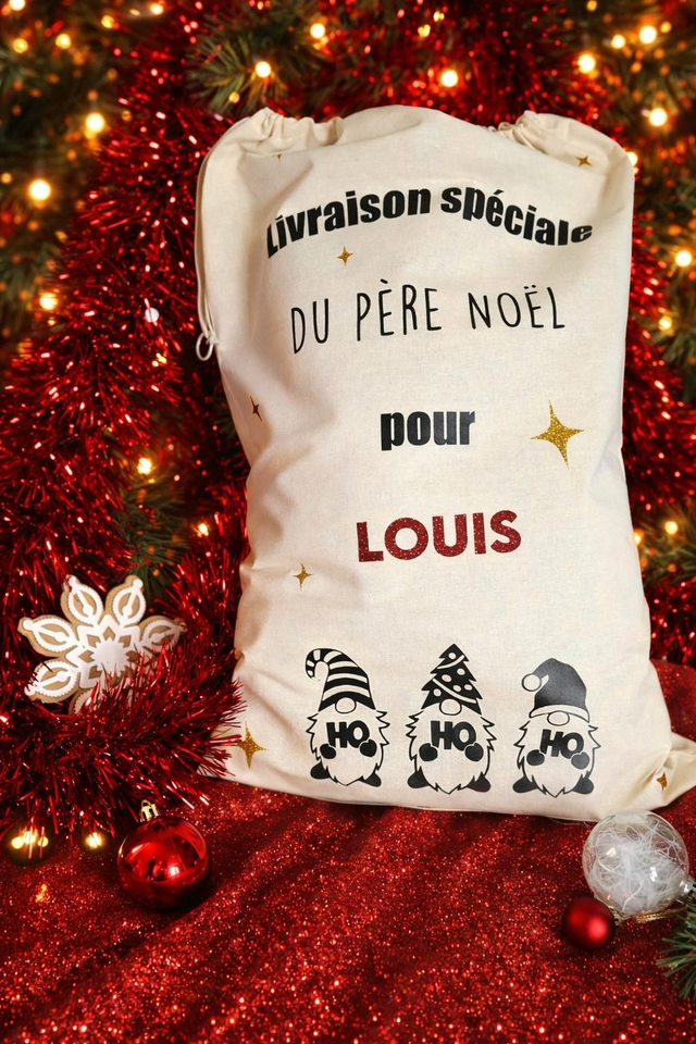 Hotte de Noël personnalisée « Livraison spéciale pour [Prénom] » – Gnomes festifs – Sac cadeau Noël 40 × 60 cm
