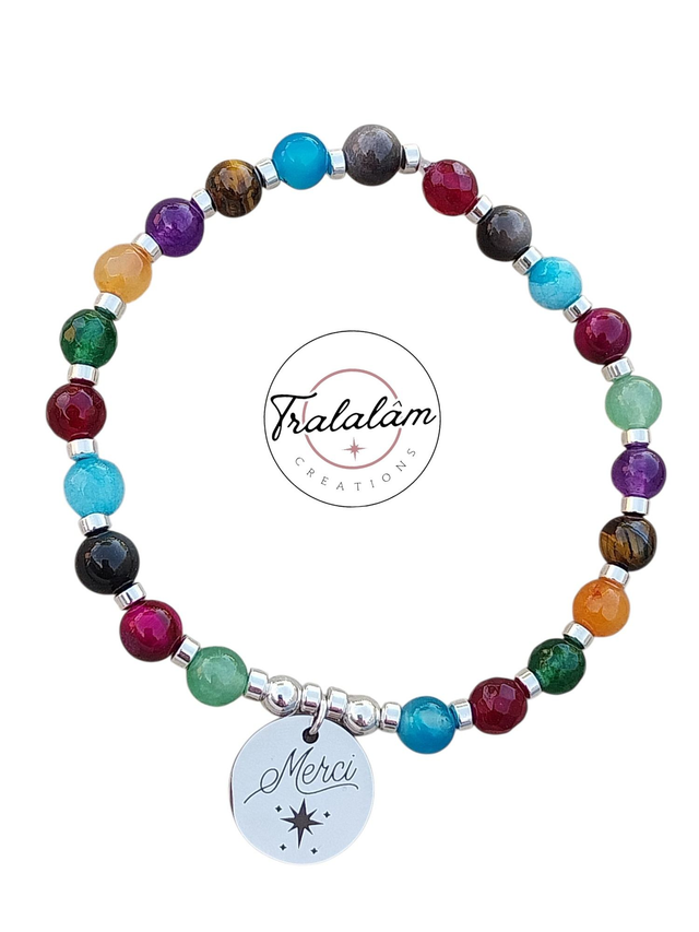 ✨Bracelet MERCI argenté perles pierres multicolores✨
