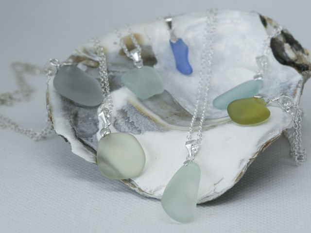 Small to medium sea glass pendant necklaces with sterling silver plated chain 