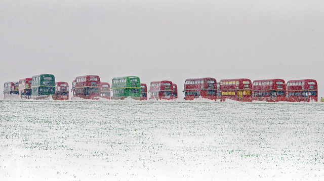  Folded Card :  Routemaster Buses in Snow, Wisley.    7.5 x 5&quot; Matt finish