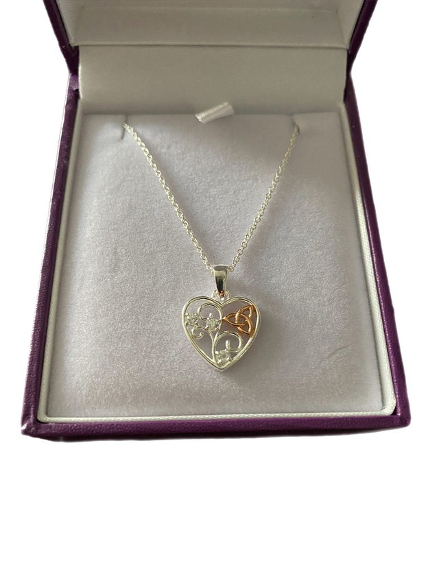 Sterling Silver Celtic Trinity Knot Filigree Heart Necklace