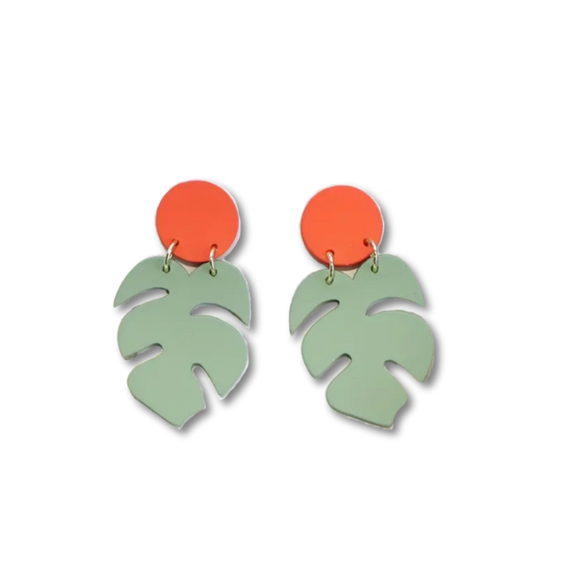 Green leaf earrings with orange stud