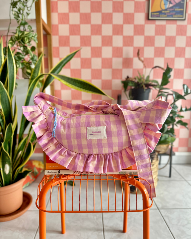 SAC CROISSANT Taille Moyenne - Vichy rose clair/violet pastel - Fait main à Reims (France)