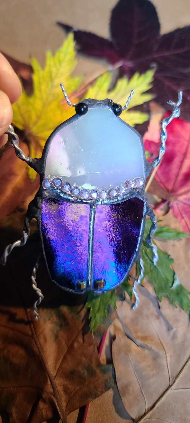 Scarabée en verre, au corps noir iridescent et à la tête blanche opalescente,  en Tiffany monté en magnet.  