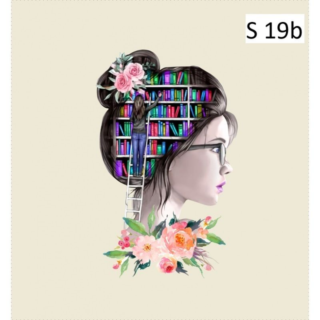 Panneau simili Femme aux livres fond créme  30x30cm 