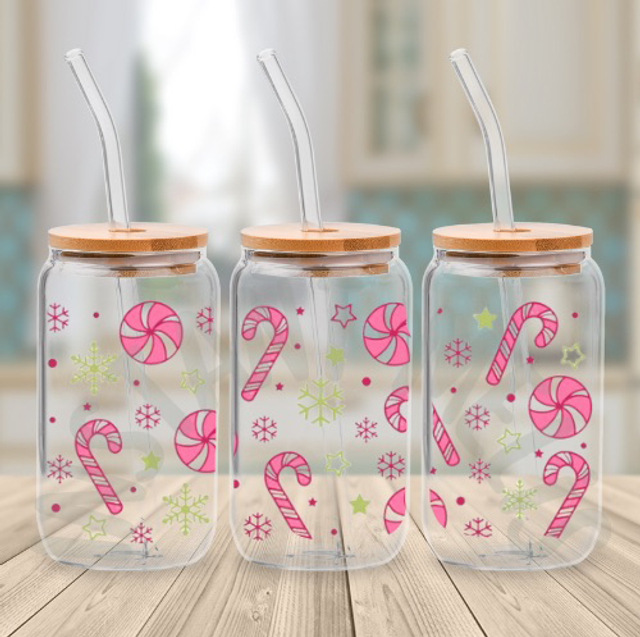 Canette en verre - Sucre d’orge rose et vert 