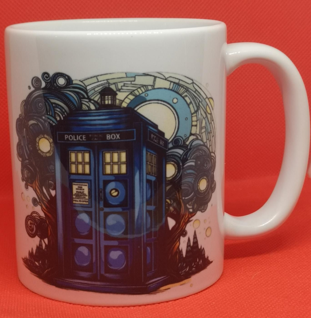 Custom Unofficial Printed Doctor Who Tardis &amp; Symbols Mug. 
