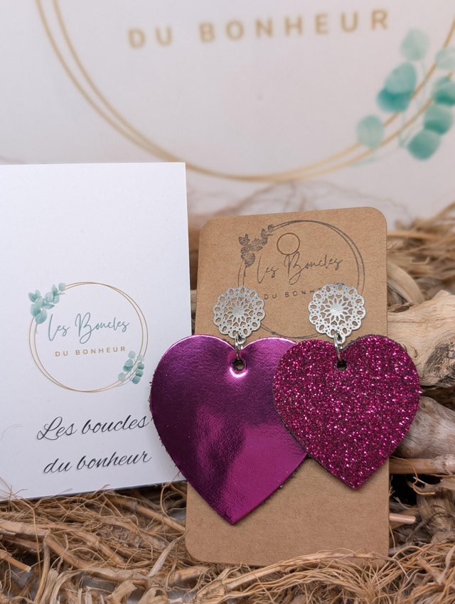 Boucles d'oreilles Asymétrique coeur fushia framboise paillettes zk016