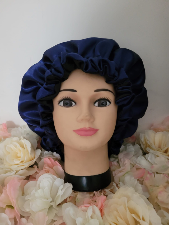Bonnet en satin américain réversible Bleu & Noir | Protection cheveux nuit | Anti-frisottis | Tailles S, M, L | Double face fait main