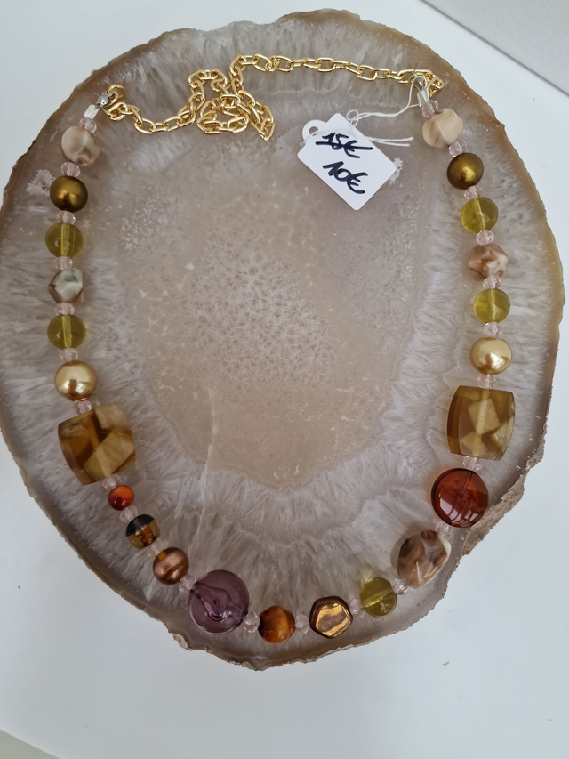 Collier Vintage Pierres Quartz Perles Dorés Marrons