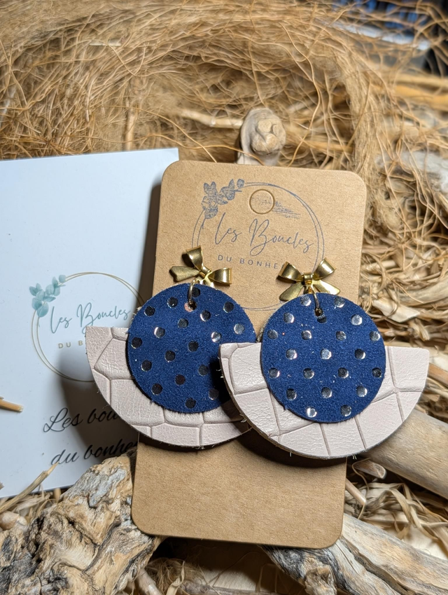 Boucles d'oreilles Dona marine à pois beige do120