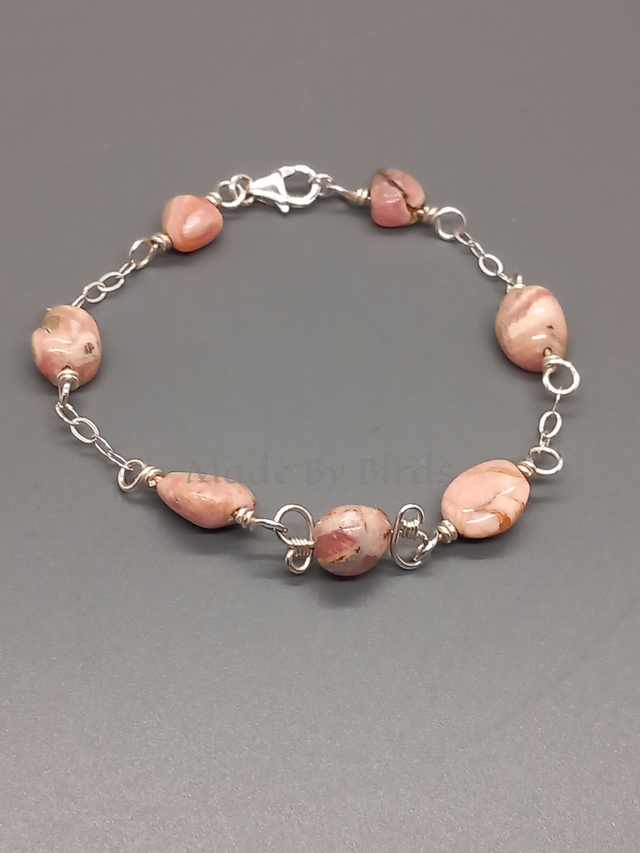 Rhodochrosite Bead Sterling Silver Bracelet With Butterfly Wings Style Feature Detail