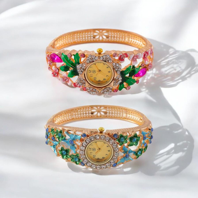 Stunning Enamelled &amp; Crystals Gold Plated Watch.