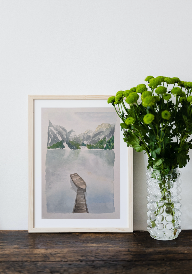 Tableau aquarelle A5 Barque paisible sur lac de montagne