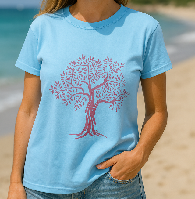 Maglietta "ALBERO DELLA VITA" dipinta a mano dai ragazzi di Nisida COLORE AZZURRO