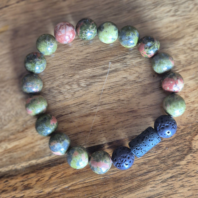Unakite &amp; Lava Bead Bracelet – Handmade Crystal Jewellery for Emotional Healing, Grounding &amp; Essential Oil Diffusion