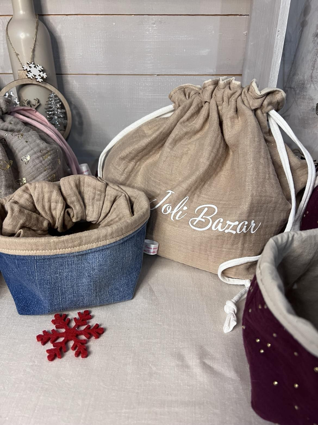 Pack pochon de voyage coton double gaze irisé doré, panier assorti et chouchou