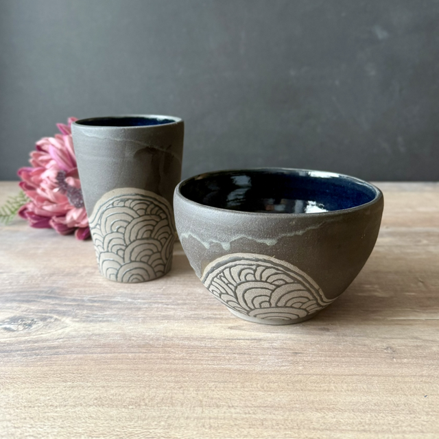 Stoneware Tumbler &amp; Cereal Bowl Set, dark clean design, black | wheel-thrown, hand-drawn wave patterns inspired by Japanese patterns
