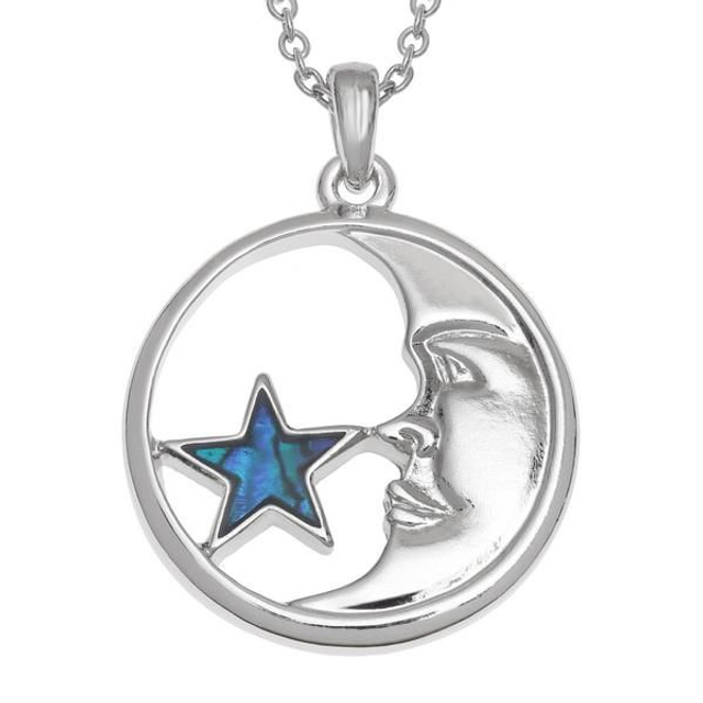 Inlaid Blue Paua Man in the Shell Moon &amp; Star Pendant 
