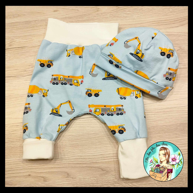 Sarouel &amp; bonnet bébé, véhicules de chantier, 3-6mois 