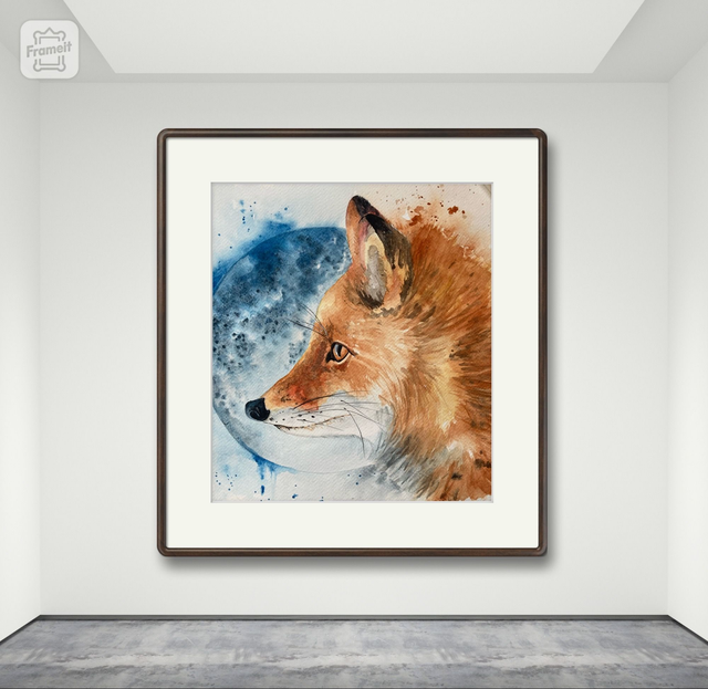 Pintura en acuarela  &quot;zorro rojo, luna azul&quot;