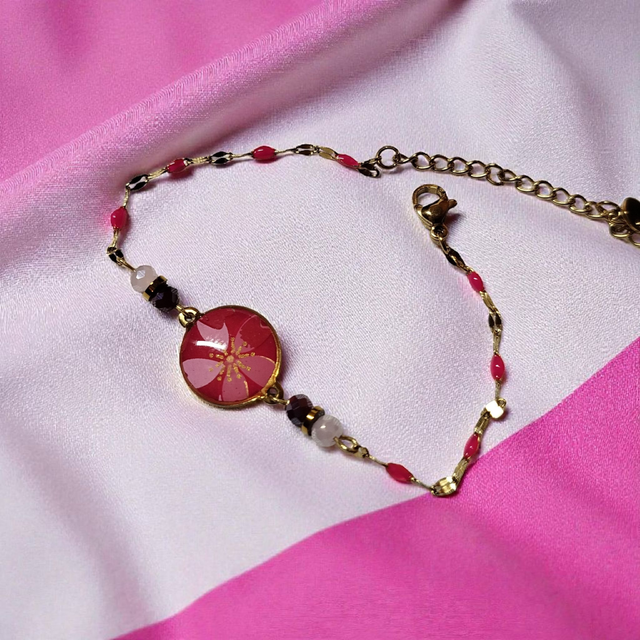 bracelet acier inoxydable motifs japonais rose fuchsia
