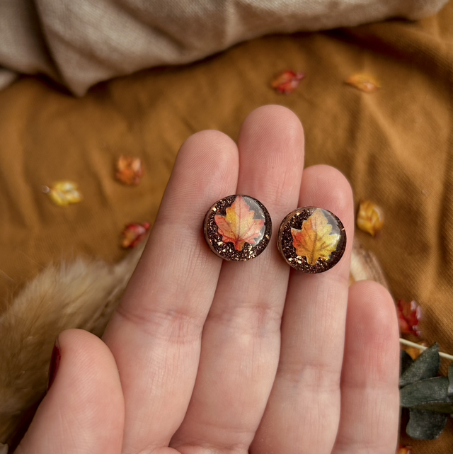 Autumn Leaf Stud Earrings - Deep Bronze, Copper and Red