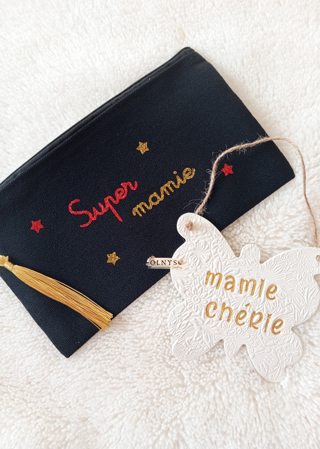 Fête des grands-mères - Duo cadeaux : Trousse noire + Décoration en argile forme papillon