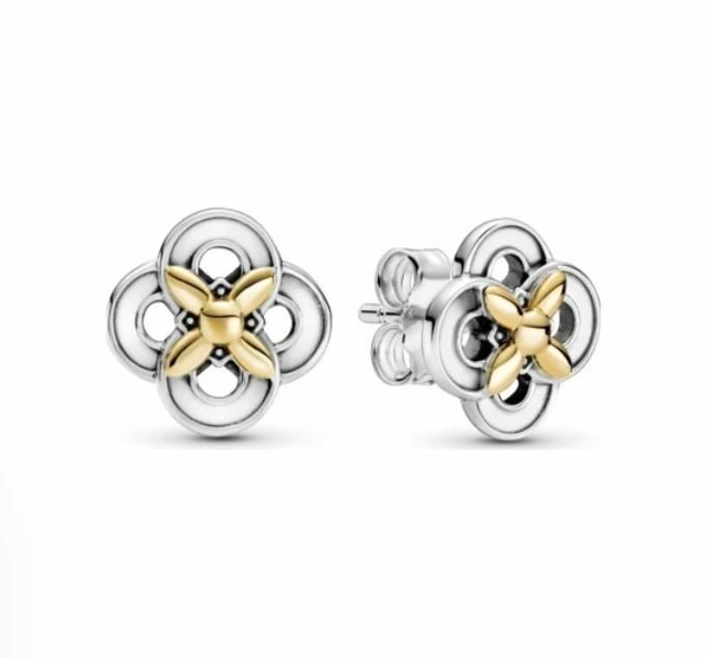 Boucles d'oreilles clous Pandora Passions fleur bicolores en argent et or jaune