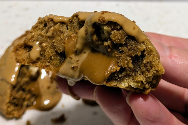 Biscoff and caramelised white chocolate cookie stuffed with Biscoff spread