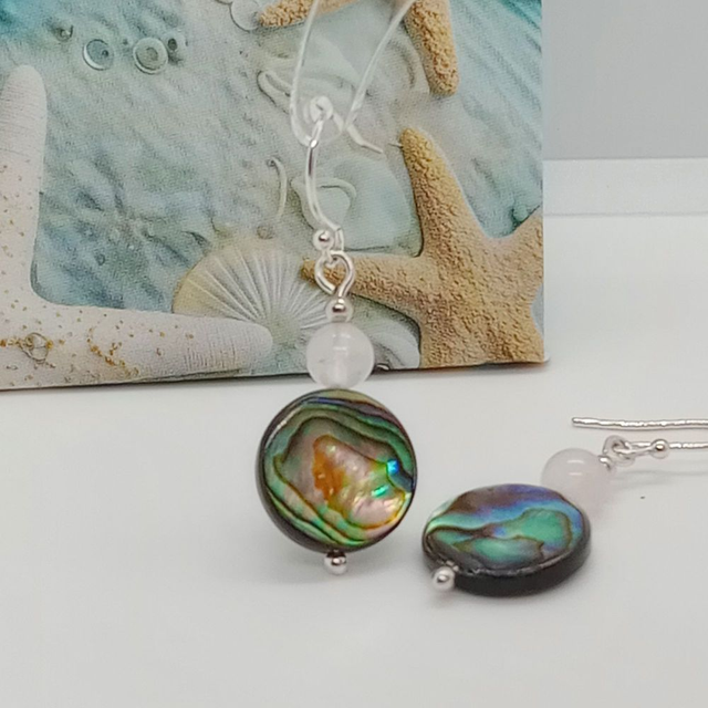 Paua Shell drop Earrings Rose Quartz Sterling Silver