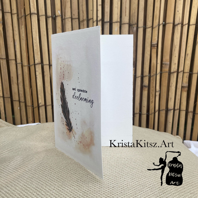 Gevouwen condoleance kaart, Oprechte deelneming , veer aquarel