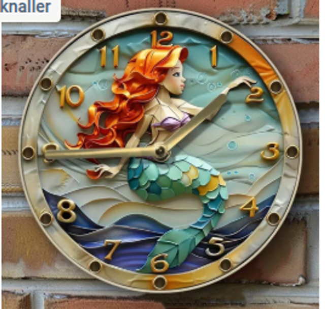 Vintage metalen klok Zeemeermin Ariel (20cm diameter)