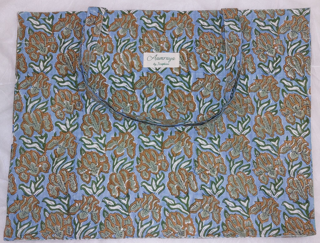 Grand sac cabas bleu clair et vert en coton imprimé à la main au block print - Doublure en coton rayé - Tote bag - Confectionné en Inde