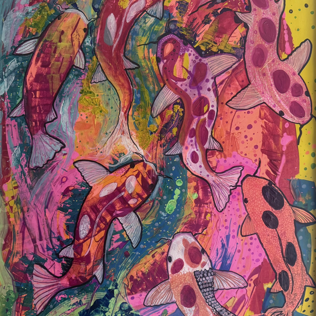 Kois, 90x60cm, Acryl,Aquarell, Edding auf Plakatkarton