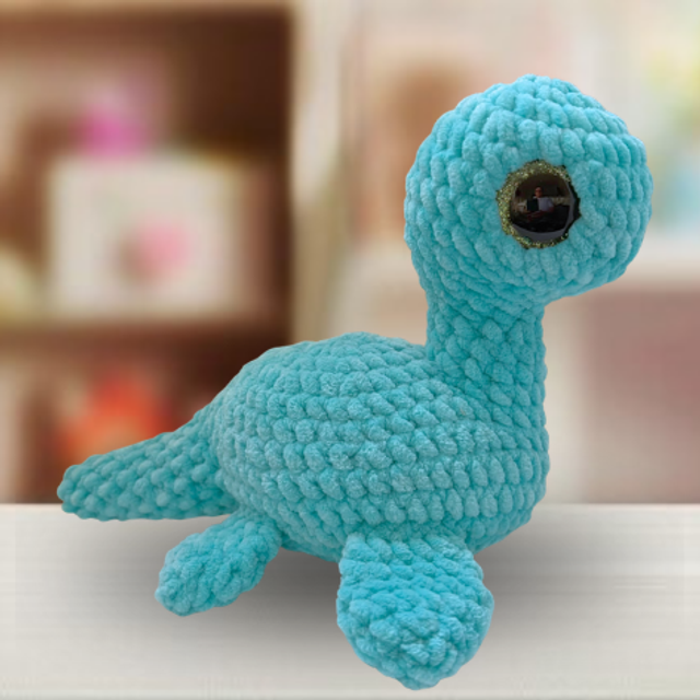 Crochet Plush Chenille Nessie, Turquoise, Glitter Eyes, Ukca tested
