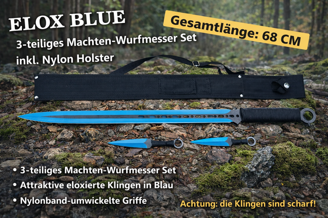 NEU Blau-Schwarzes Macheten & Wurfmesser Set – Elox Blue Kunai für Outdoor Wildnis Camping Bushcrafting Survival