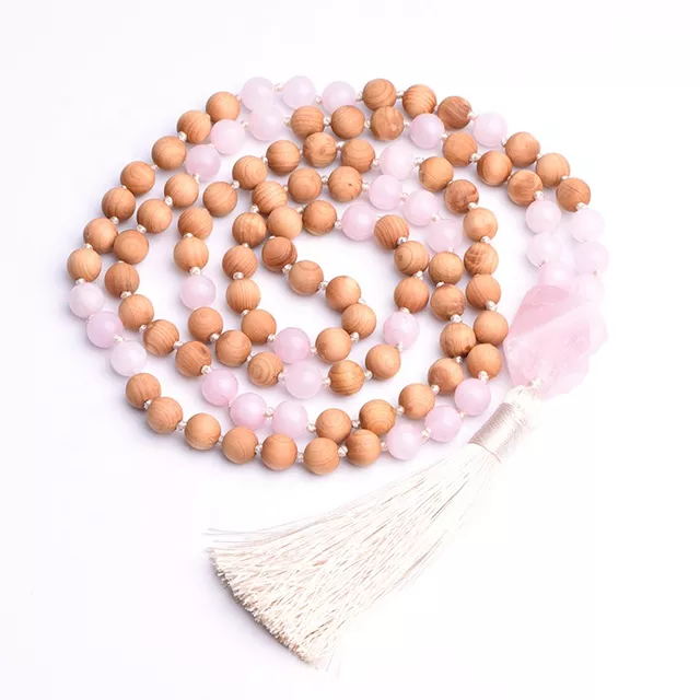 Mala ketting 108 kralen Rozenkwarts Edelsteen en Hout