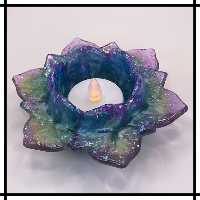Handmade Resin Lotus Flower Tealight Holder – Suspended Colour - Purple, Blue, Green &amp; Yellow | Decorative Mindfulness Home Décor - LTH-022
