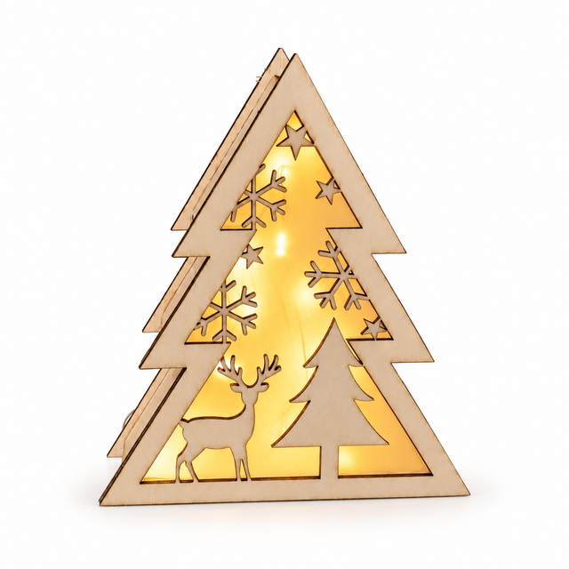 Albero di Natale luminoso in legno a batteria – soggetti a scelta