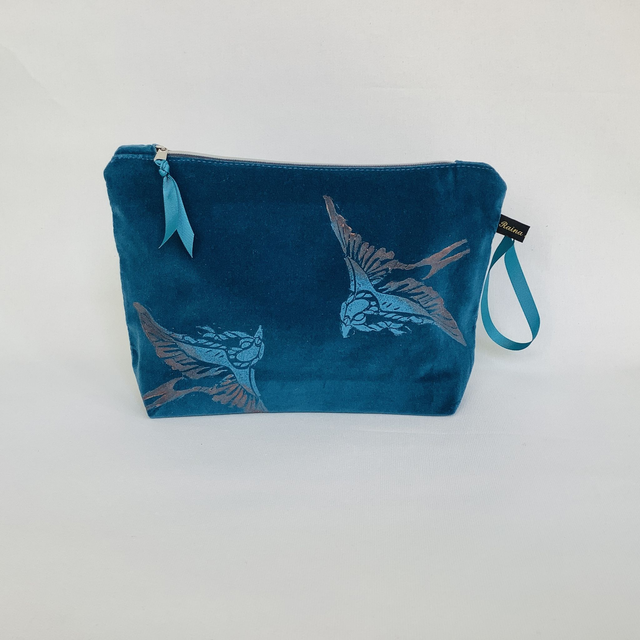Teal Swallows velvet Wash Bag 