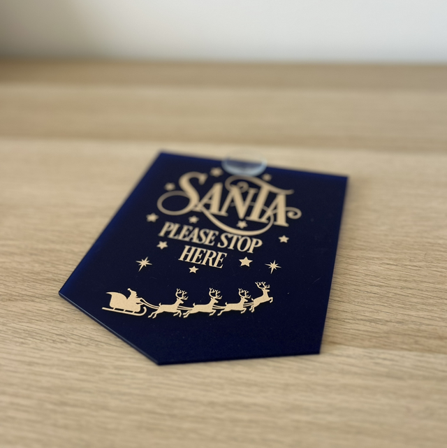 "Santa Please Stop Here" Blue Frosted Acrylic Christmas Window Sign