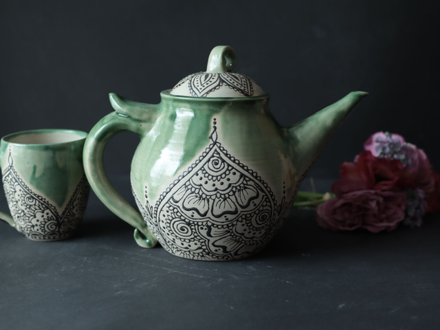 XL 2 Liter Teapot, one-of-a-kind, green mandala