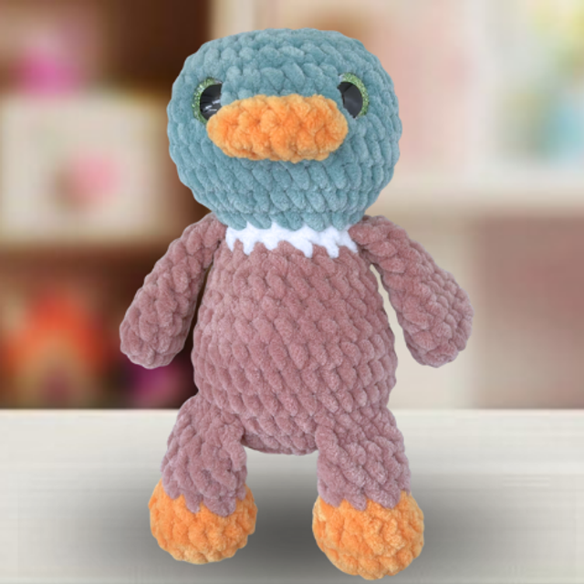 Crochet Chenille Mallard Duck Cuddle Buddy, Glitter Eyes, Ukca tested