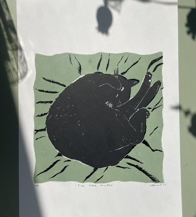 5 More Minutes, two layer Lino print